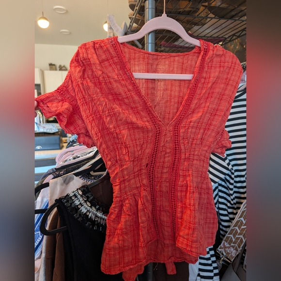 Women's Coral Plaid Textured Peplum Blouse Short Sleeve Tie Waist V Neck - Picture 10 of 10